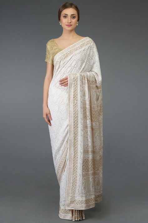 Christian Bridal Saree, Chikan Embroidery, Designer Dress For Men, Chikankari Saree, Women Talking, Dresses For Men, Pure Georgette Sarees, Top Indian, White Saree