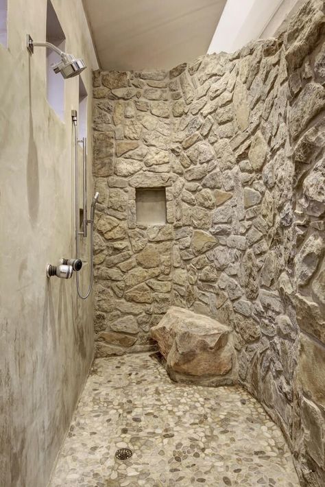 Wood Beam Bathroom, Fresh Home Decor, Rustic Bathroom Shower, Rock Shower, Natural Stone Bathroom, New House Bathroom, Stone Shower, Cabin Bathrooms, Rustic Bathroom Designs