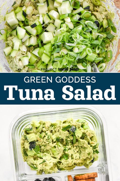 This Green Goddess Tuna Salad combines vibrant herby flavors with tuna and crunchy veggies for a creamy, bright and delicious make-ahead friendly lunch. Serve as a sandwich, wrap, or with your favorite crackers and veggies! Green Goddess Tuna Salad, Seafood Board, Budget Friendly Meals Healthy, Tuna Salad Ingredients, Green Goddess Salad Dressing, Crunchy Veggies, Sandwich Wrap, Seafood Recipes Healthy, Cold Lunches