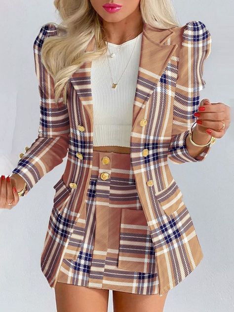 7c4ede33a62160a19586f6e26eaefacfdesc51291554ri Womens Skirt Suits, Leg Of Mutton Sleeve, Blazer And Skirt Set, Princess Sleeves, Blazer And Skirt, Blazer Set, Suit Style, Casual Suit, Long Sleeve Blazers