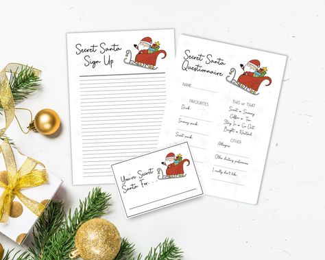 Get ready for the festive season with our Secret Santa Printable Questionnaire Bundle! This easy-to-use bundle includes a survey, sign up sheet and 'you're secret Santa for...' cards that make organising your Secret Santa gift exchange smooth and enjoyable. Perfect for both work gift exchanges and family gatherings, this Santa questionnaire helps participants share their Christmas wish list and preferences, ensuring that everyone receives a thoughtful gift. With our Christmas printables, you'll Gift Exchange Form, Secret Santa Form, Work Gift Exchange, Santa Questionnaire, Santa Activity, Work Secret Santa, Secret Santa Questionnaire, Office Secret Santa, Santa Printable