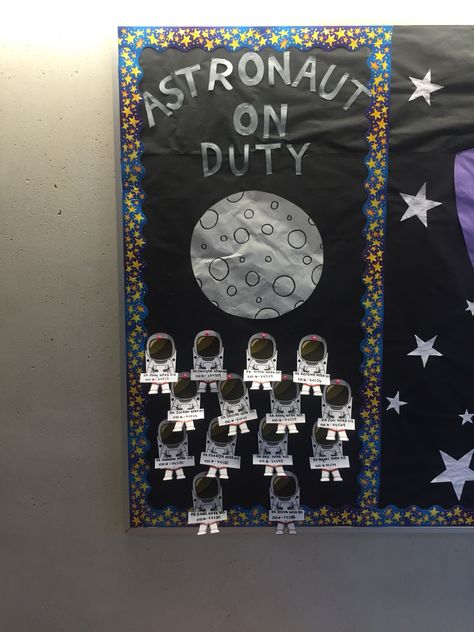 Space Decorations Galaxy Classroom, Space Themed Classroom Bulletin Boards, Solar System Bulletin Board Ideas, Space Bulletin Board Ideas Preschool, Space Classroom Ideas, Space Theme Hallway, Space Themed Classroom Ideas, Galaxy Classroom Theme, Space Bulletin Board Ideas