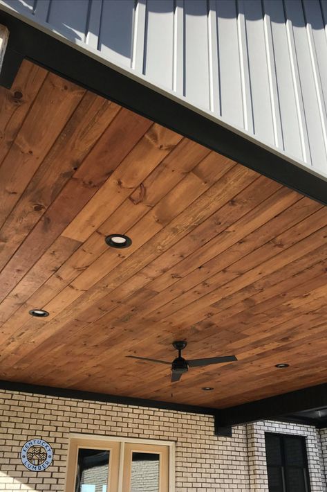 Wood Ceiling Exterior, Stained Pine Ceiling Outdoor, Patio With Wood Ceiling, Tongue And Groove Deck Ceiling, Soffit Under Porch Roof, Porch Wood Ceiling Ideas, Wood Ceiling Porch Outdoor Living, Sunroom Ceiling Ideas Wood Planks, Porch Roof Ceiling Ideas