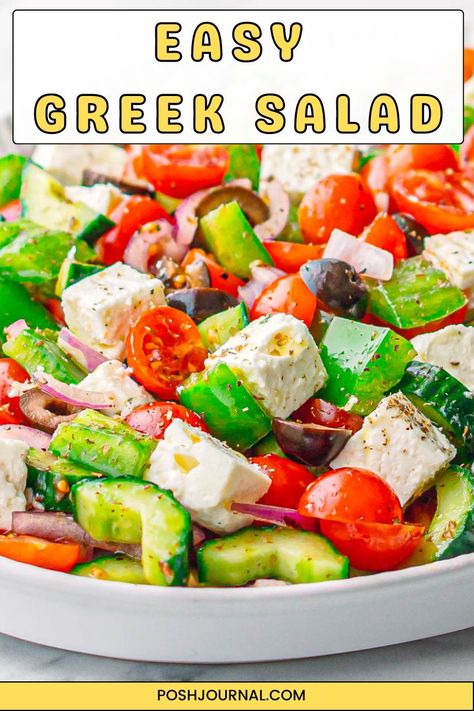 Looking for a fresh and vibrant dish that’s both simple and delicious? Our easy Greek salad is perfect for you! This classic Greek salad recipe, also known as Horiatiki features a delightful mix of colorful vegetables and a dressing so straightforward that it lets the veggies truly shine. Greek Side Dishes, Easy Greek Salad, Classic Greek Salad, Greek Salad Recipe, Traditional Greek Salad, Comfort Food Chicken, Greek Salad Recipes, Greek Flavors, Vegetarian Side Dishes