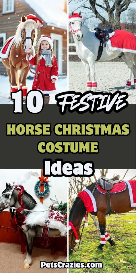 Image shows four festive horse Christmas costume ideas with a bold text overlay that reads '10 Festive Horse Christmas Costume Ideas.' The photos feature horses dressed in holiday-themed attire, including Santa hats, red and white blankets, holiday wreaths, and decorative saddles. The costumes add a cheerful, seasonal touch, ideal for equestrians looking to celebrate Christmas with their horses. Each outfit emphasizes warmth, festivity, and creativity, perfect for holiday events and photoshoots. Christmas Parade Horse Ideas, Horse Dress Up Ideas, Horse Christmas Parade, Christmas Horse Costumes, Horse Christmas Costume, Christmas Horse Photoshoot, Horse Fancy Dress Costume, Costume For Horse, Christmas Costume Ideas