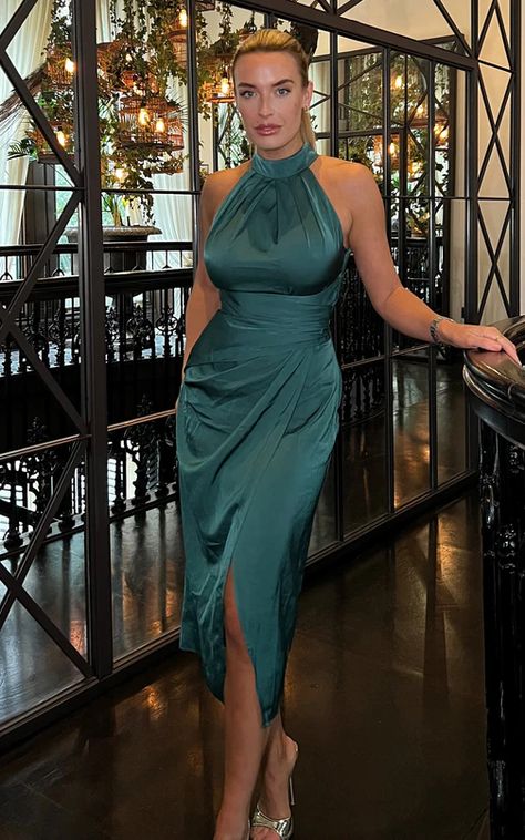 Alessia Satin Halter Neck Midi Dress Green by Girl In Mind Halter Neck Midi Dress, Angel Sleeves Dress, Midi Dress Green, Green Silk Dresses, Angel Sleeves, Green Girl, Christmas Party Dress, Midi Length Skirts, Green Midi Dress