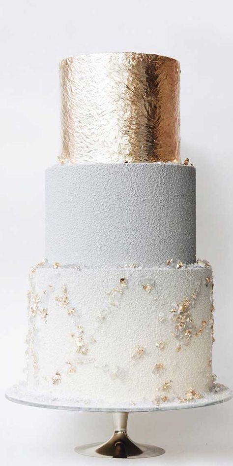 These 39 Wedding Cakes Are Seriously Pretty - Metallic Cake Sequin Wedding Cake, Ombre Wedding Cake, Bridal Cakes, Art Deco Wedding Cake, White And Gold Wedding Cake, Metallic Cake, Unique Wedding Cake, Painted Wedding Cake, Wedding Cake Ombre