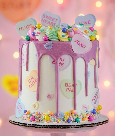 Conversation Hearts Drip Cake by Denise's Delights Sweetheart Birthday Cake, Valentines Bday Cake, Conversation Hearts Party Decorations, Conversation Hearts Cake, Conversation Hearts Party, Valentine Mini Cakes, Valentine Pastries, Cake Love Valentine's Day, Heart Valentines Cake