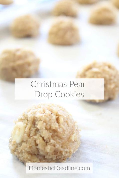 Christmas Pear Dessert, Pear Cookies Recipes, Pear Baked Goods, Pear Cookies, Xmas Bakes, Daycare Recipes, Christmas Pear, Squash Chili, 4 Ingredient Cookies