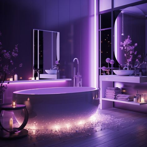 Step into a realm of opulence and sophistication with our Luxury Modern Purple Lighting Bathroom Style. Designed to captivate and inspire, this exquisite bathroom showcases a harmonious fusion of contemporary aesthetics and lavish comfort, creating a sanctuary of indulgence within your home. Purple House Interior Ideas, Christmas Decor Ideas Living Room, Anime Bathroom, Purple Closet, Purple Appliances, Bathroom Purple, Purple Themed Bedroom, Lilac Bathroom, Purple Bathroom