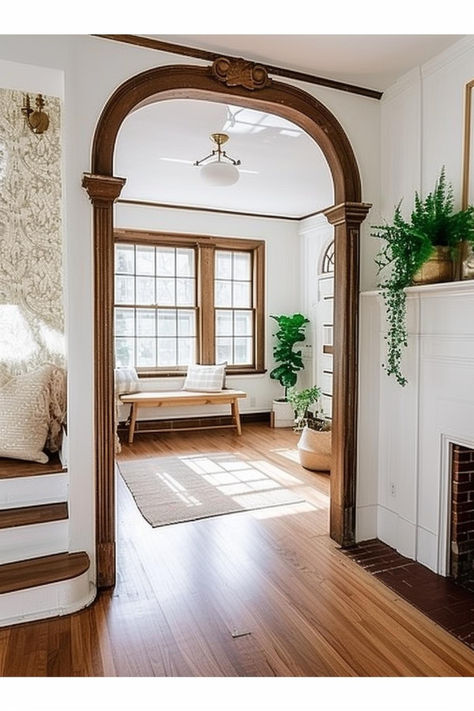 40+ Vintage-Inspired White Walls with Wood Trim Ideas for Your Interior Interior Paint Colors With Dark Wood Trim, Window Wood Trim Ideas Interior, Interior Paint With Wood Trim, Dark Wood Trim White Walls, Cream Walls Brown Trim, Top Trim On Walls, White Paint With Wood Trim, Bay Window Wood Trim, Mixing Painted And Stained Wood Trim