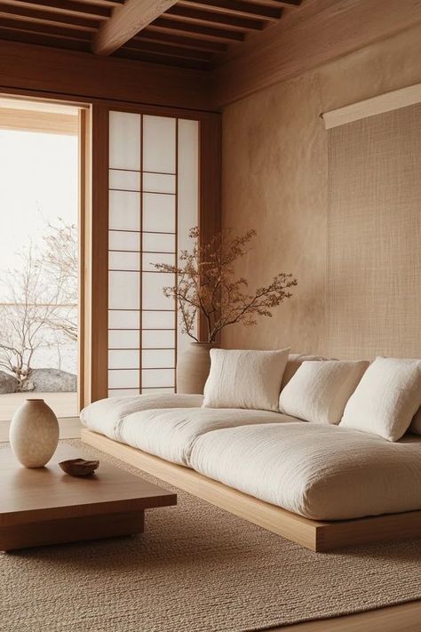 "Transform your living room into a calm retreat with Japandi design! 🧘‍♂️🏡 Neutral tones, clean lines, and natural textures create a soothing environment. 🌟✨ #JapandiDecor #MinimalistLiving #HomeInspiration" Japandi Sitting Room, Japandi Lounge, Japandi Sofa, Japandi Lighting, Japandi Style Living Room, Living Room Japandi, Tatami Living Room, Japandi Living Room Design, Natural Sofa