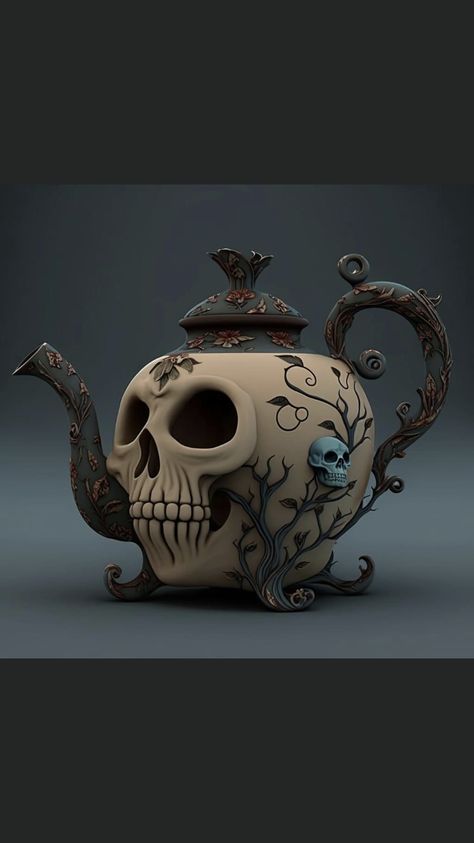 Gothic Tea Kettle, Gothic Teapot, Skull Teapot, Skull Teacup, Halloween Teapot, Ap Ceramics, Teapot Tattoo, Tea Pots Art, Cute Teapot