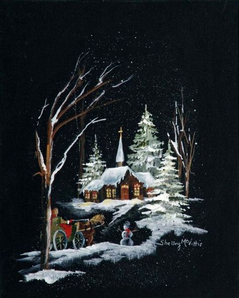 Beginners Canvas Painting, Winter Scene Paintings, Painting On Canvas For Beginners, Black Canvas Paintings, Christmas Canvas Art, Christmas Paintings On Canvas, Canvas For Beginners, Christmas Scenery, Barn Painting