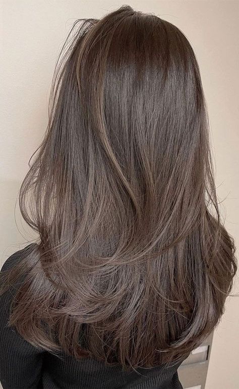 Medium Short Layers Haircut, Medium Brown Hair With Long Layers, Long Brown Hair Cuts With Layers, Brown Espresso Hair Color, Soft Layers Brown Hair, Hair Inspo Color Dark Brown, Long U Shaped Layers, Medium Length Ash Brown Hair, Unlayered Hair