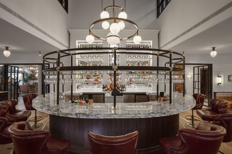 Tamburlaine Circular Bar, U Shaped Bar, Irish Interiors, Arabescato Marble, Modern Hotel, Hotel Bar, Bar Top, Brass Lighting, Bar Lounge