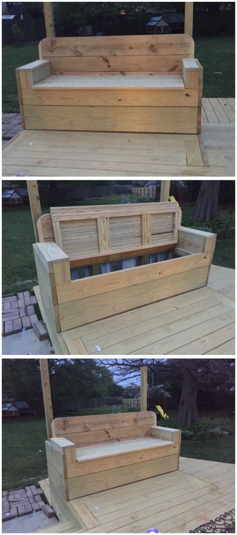 DIY outdoor bench/ sofa with storage Pallet Furniture Couch, Outdoor Storage Bench, Diy Bench Outdoor, Wooden Pallet Furniture, Outdoor Furniture Plans, Outdoor Couch, Pallet Outdoor, Diy Bench, Pallet Furniture Outdoor