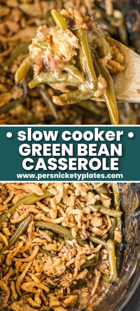 Slow cooker green bean casserole is so easy to make from scratch – without any canned soup! This comfort food classic recipe uses fresh green beans, has a creamy, bacon-filled sauce, is topped with crispy fried onions and is made right in the crockpot. This dish serves a crowd and comes out perfect every time. Crockpot Fresh Green Beans, Slow Cooker Green Bean Casserole, Crockpot Green Bean Casserole, Green Casserole, Crockpot Green Beans, Green Bean Casserole Campbells, Green Bean Casserole Crock Pot, Slow Cooker Green Beans, Green Bean Casserole Easy