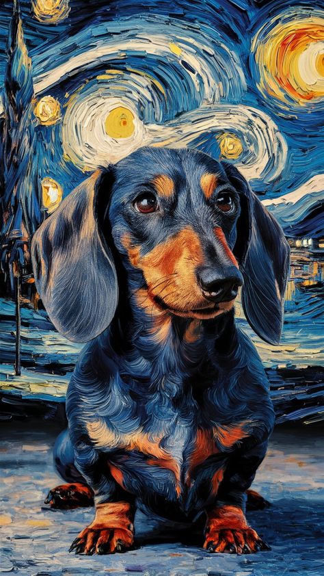 Dog Painting Pop Art, Dachshund Wallpaper, Arte Dachshund, Dachshund Painting, Paw Wallpaper, Dachshund Tattoo, Dog Memorial Tattoos, Dachshund Art, The Starry Night