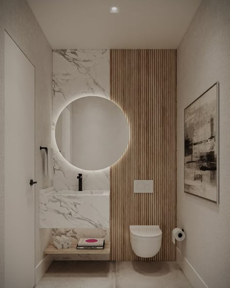 Half Bathroom Minimalist, Bathroom Condo Ideas, Powder Room Modern Ideas, Contemporary Powder Room Wallpaper, Office Powder Room Ideas, Deep Blue Powder Room, Powder Room Interior Design Luxury, Powder Room With Toilet Next To Sink, Powder Room Luxury Modern