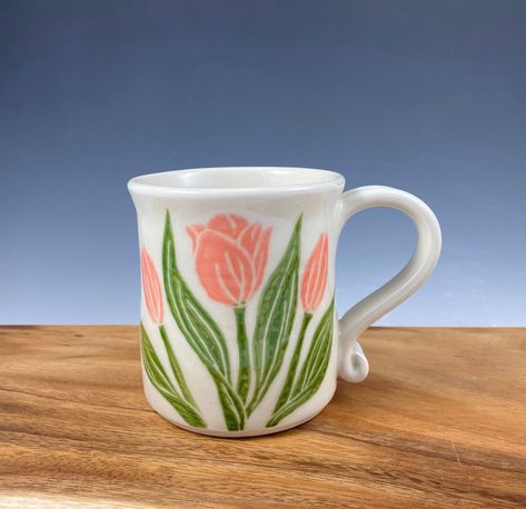 Pottery Spoon Rest, Painted Coffee Mugs, Color Me Mine, Tulip Pattern, Pottery Painting Designs, Flower Cup, Painted Cups, Hand Thrown Pottery, Porcelain Pottery