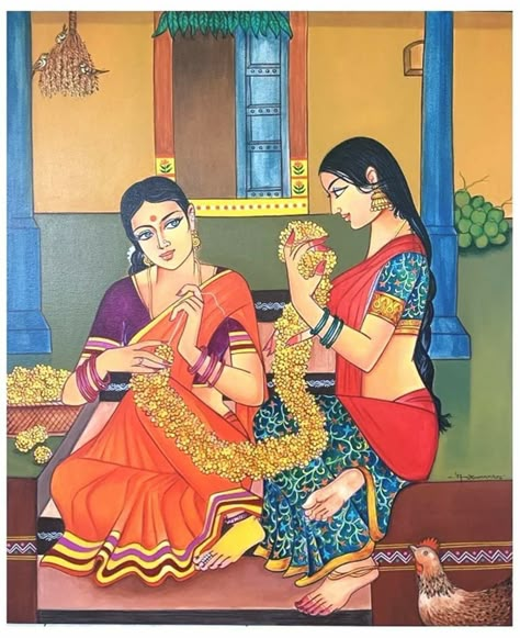 Pictorial Design Painting, Women Gossiping Illustration, Pictorial Composition Painting, Mughal Art Paintings, Composition Painting, Bengali Art, Modern Art Canvas Painting, Lotus Flower Art, Indian Art Gallery