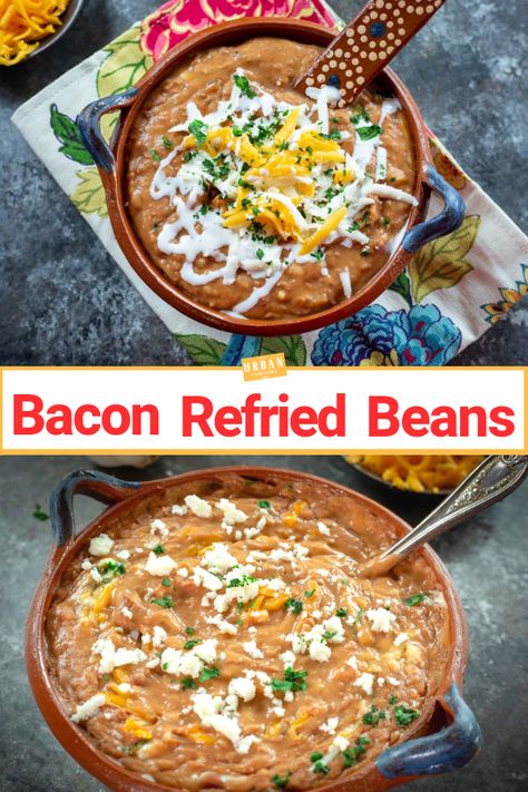 Bacon Fat Refried Beans Recipe - A complete tutorial on how to make refried beans, Texas-style, with bacon fat, cheddar, and sour cream. The creamiest, most insanely delicious refried beans for burritos, breakfast tacos, or simply a perfect mexican side dish. Get the recipe now! | UrbanCowgirlLife.com #refriedbeans #recipes #refriedbeansrecipe #howtomakerefriedbeans #bestrefriedbeansrecipe #mexicanfood #texmex #texascooking #texasrecipes #beans #pintobeans #sidedish Taco Bueno Refried Beans Recipe, Refried Beans With Bacon, Beans For Burritos, Best Refried Beans Recipe, Refried Beans Recipe Easy, Southwest Food, Mexican Side Dish, Healthy Side Recipes, Legume Recipes