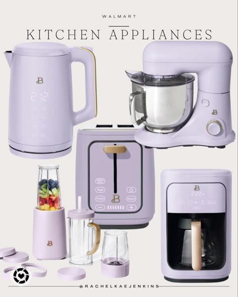 Walmart kitchen appliances, purple, electric kettle, toaster, mixer, personal blender, coffee maker Purple Kitchen Supplies, Purple Aesthetic Kitchen, Lilac Kitchen Accessories, Lilac Kitchen Ideas, Purple Kitchen Decor Ideas, Lilac Kitchen Decor, Purple Home Aesthetic, Lavender Appliances, Lavender Kitchen Accessories