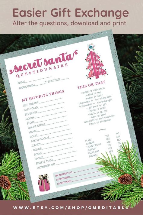 DIY Secret Santa Questionnaire, Christmas teacher survey Favourites List Questions, Christmas Questionnaire, My Favorite Things List, Work Gift Exchange, Questionnaire Design, Secret Santa Questionnaire, Questionnaire Template, Name Drawings, Chocolate Stores