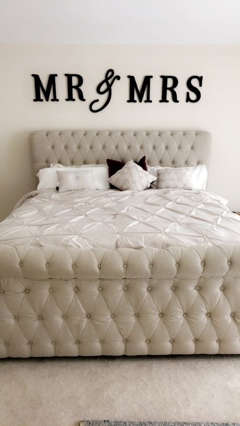 Mr & Mrs sign over bed Mr & Mrs Bedroom Decor Ideas, Mr And Mrs Bedroom, Sign Over Bed, Mr Mrs Sign, Spring Bedroom, Box Springs, Mattress Box Springs, Couple Bedroom, Girl Bedroom Decor