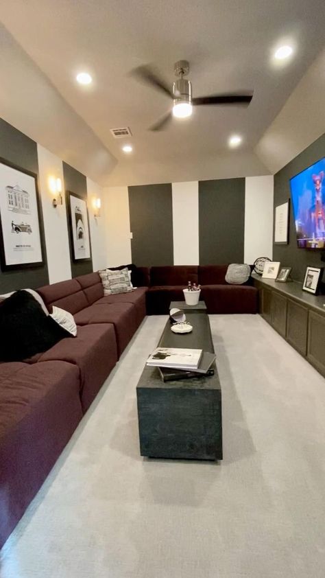 (paid link) Media Room Ideas Gallery features thousands of high quality image for Media Room to inspire great ideas for your beautiful Media Room. Narrow Basement Ideas, Striped Walls Vertical, Model Home Decorating, Home Theater Room Design, Theater Room Design, Media Room Design, Striped Walls, Decorating Advice, Home Theater Rooms