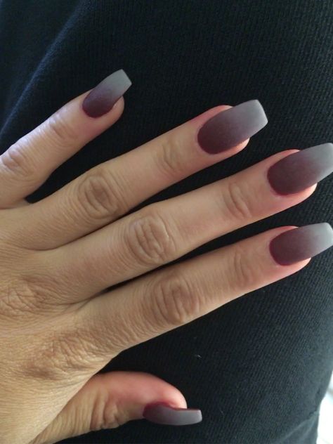 Burgundy and Gray Ombré Matte Coffin style nails Gray And Burgundy Nails, Grey And Burgundy Nails, Ombre Burgundy Nails, Burgundy And Grey Nails, Grey Burgundy Nails, Black And Maroon Ombre Nails, Gray Ombre Nails, Burgundy Black Ombre Nails, Fall Ombre Nails Burgundy