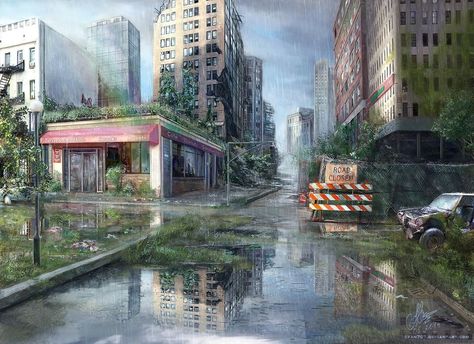 Apocalypse Landscape Concept Art, Zombie Apocalypse Landscape, Landscape Concept Art, Apocalypse Landscape, Post Apocalyptic City, Dystopian Art, Arte Zombie, Abandoned City, Apocalypse World