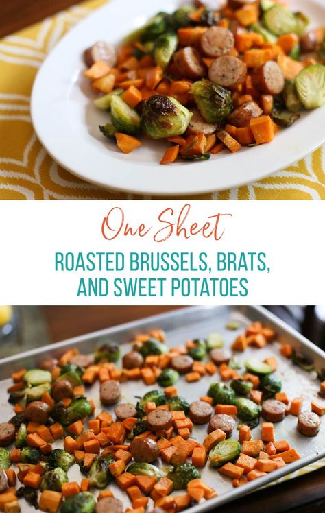 Super easy and healthy lunch (or dinner) idea: Roasted Brussels Sprouts, Brats, and Sweet Potatoes. Brats And Sweet Potatoes, Brats And Brussel Sprouts, Chicken Sausage And Veggies, Veggies Dinner, Sausage And Veggies, Thriving Home, Dump Dinners, Sheet Pan Chicken, Nutritious Recipes