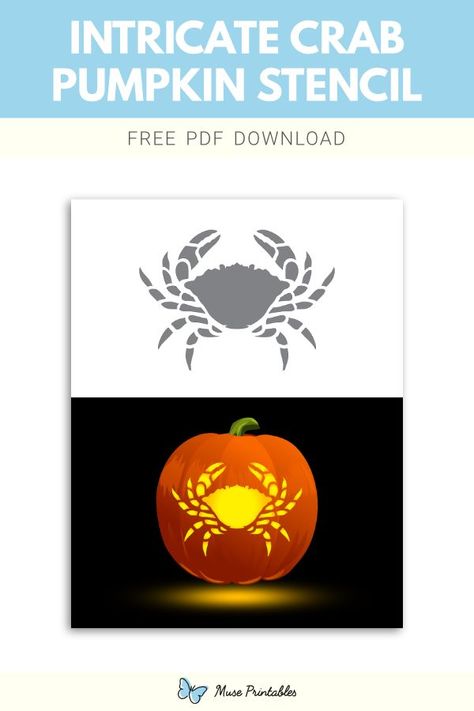 Free printable intricate crab stencil for pumpkin carving. Download it at https://museprintables.com/download/pumpkin-stencil/intricate-crab/ Crab Pumpkin, Crab Stencil, Stencil For Pumpkin Carving, Printable Pumpkin Stencils, Pumpkin Stencils Free, Pumpkin Stencil, Pumpkin Ideas, Craft Tutorials, Pumpkin Carving