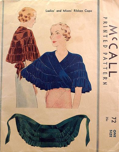 1930s vintage sewing pattern cape, from flickr user wondertrading. "This is a 1930s vintage pattern for making a cape out of ribbon." 30s Style, Patron Vintage, Lady Macbeth, Sew Ins, Look Retro, 1930s Fashion, Pattern Drafting, Old Fashion, Fashion Sewing Pattern