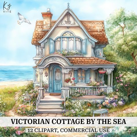 Cute Cottage House Drawing, Cottage Clipart, Fairy House Drawing Cottages, Beach House Fantasy Art, Victorian Seaside, Sea Clipart, Cottage By The Sea, Victorian Cottage, Victorian Architecture