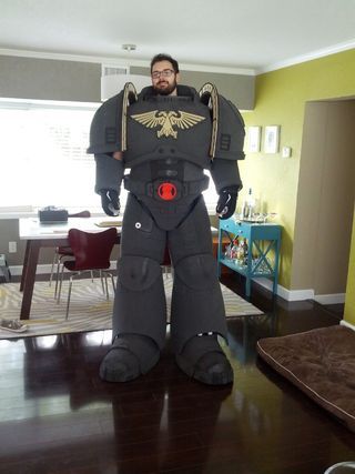 This is my Warhammer 40k Space Marine Costume. It is a Crimson Fist and was completed just in time for Halloween this year. This is my second ever costume... Space Marine Cosplay, Warhammer Cosplay, 40k Cosplay, Marine Costume, Comicon Costume, Warhammer 40k Space Marine, 40k Space Marine, Stilt Costume, Armadura Cosplay