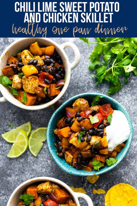 This Chili Lime Sweet Potato and Chicken Skillet recipe is a healthy one pan dinner recipe with delicious Southwestern flavor. Serve with a dollop of yogurt and a squeeze of lime! Also, perfect recipe for meal prep. #sweetpeasandsaffron #chickenskillet #onepanmeal #onepan #mealprep Chicken And Sweet Potato Recipe Healthy, Chili Lime Sweet Potato, Healthy One Pan Dinner, Lime Sweet Potato, Sweet Potato And Chicken, Sweet Potato Recipes Healthy, Chicken Skillet Recipes, Chicken Skillet, One Pan Dinner