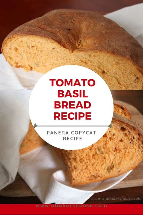 Making homemade bread never smelled so good as with this tomato basil bread recipe. A Panera copycat recipe that is great for grilled cheese or along side soup. #breadrecipe #tomatobread #basil #abakershouse #homemadebread #copycat Panera Tomato Bread Recipe, Panera Bread Tomato Basil Bread, Tomato Basil Bread Panera, Copycat Panera Tomato Basil Bread, Panera Tomato Basil Bread Recipe, Tomato Basil Bread Machine Recipe, Panera Tomato Basil Bread, Tomato Basil Bread Recipe, Basil Bread Recipe