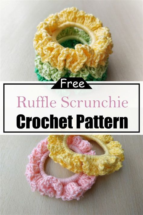 20 Crochet Scrunchie Patterns For Gift Giving - All Sands Ruffle Sleeve Top Pattern, Diy Crochet Hair Accessories, Sunflower Scrunchie, Ruffle Scrunchie, Crochet Ruffles, Scrunchie Pattern, Crochet Phone Case, Crochet Scrunchie, Crochet Scrunchies