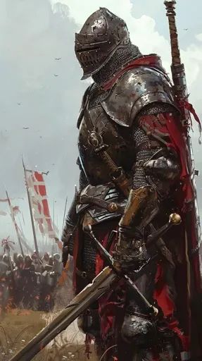 ↑↑↑ Larger size on website 🔸 A knight in full plate armor stands amidst a battlefield, his face obscured by a helmet. He is holdi 🔸 From Midjourney AI Image Full Plate Armor, Knight In Armor, Medieval Battle, Plate Armor, Red Cape, Dramatic Lighting, Knight Armor, Battlefield, Quick Saves