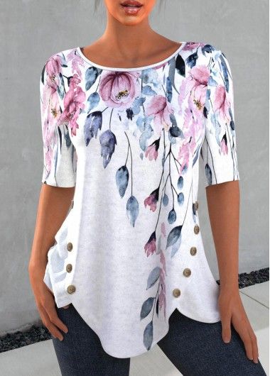 Trendy Tops For Women, Floral Print Shirt, Floral Outfit, Scoop Neck Top, Floral White, Floral Print Shorts, Elegant Floral, Casual T Shirt, Sleeves Pattern