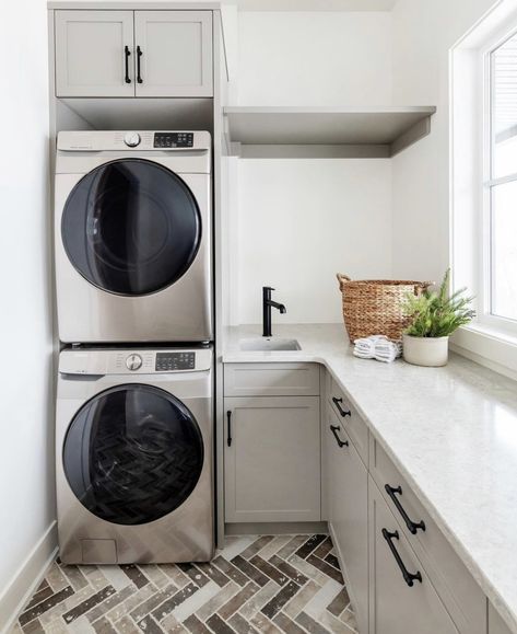 2nd Floor Laundry Room Ideas, Lg Wash Tower Laundry Room, Lg Washtower Laundry Room Ideas, Dingy Basement, Laundry/mudroom Ideas, Stacked Laundry, Narrow Laundry Room, Utility Room Designs, Laundry Room Ideas Small Space