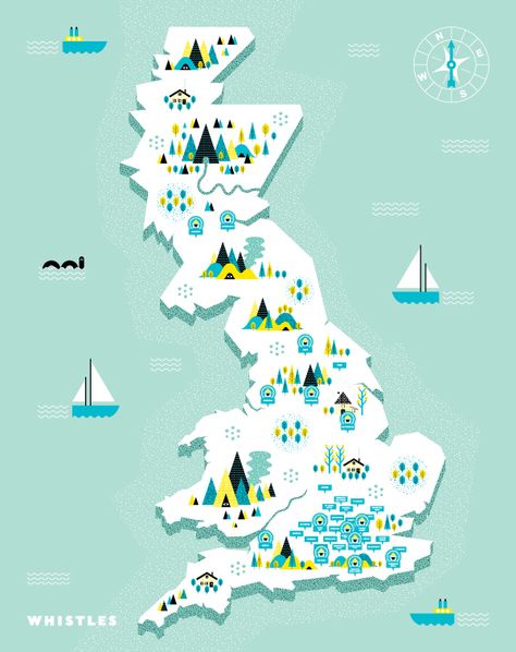 Whistles Treasure Map by Andrew Groves Country Map Design, Maps Illustration Design, Uk Illustration, Uk Map, Illustrated Maps, Infographic Map, Hand Drawn Map, Drawn Map, Treasure Map