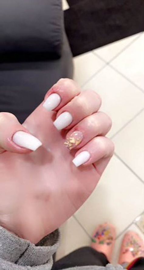 White Nails With Gold Foil Accent Finger White Nails With Gold Foil, White Sparkle Nails, Coolest Nails, Foil Nail Designs, Matte White Nails, White Nails With Gold, Romantic Updos, Nails With Gold, Chic Hairstyle