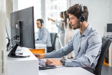 Stock Image: Beautiful young handsome customer support operator with hands-free set working on computer in call centre Computer Operator, Working On Computer, It Support Services, Call Centre, It Support, Computer Repair, Business Intelligence, A Whole New World, Call Center