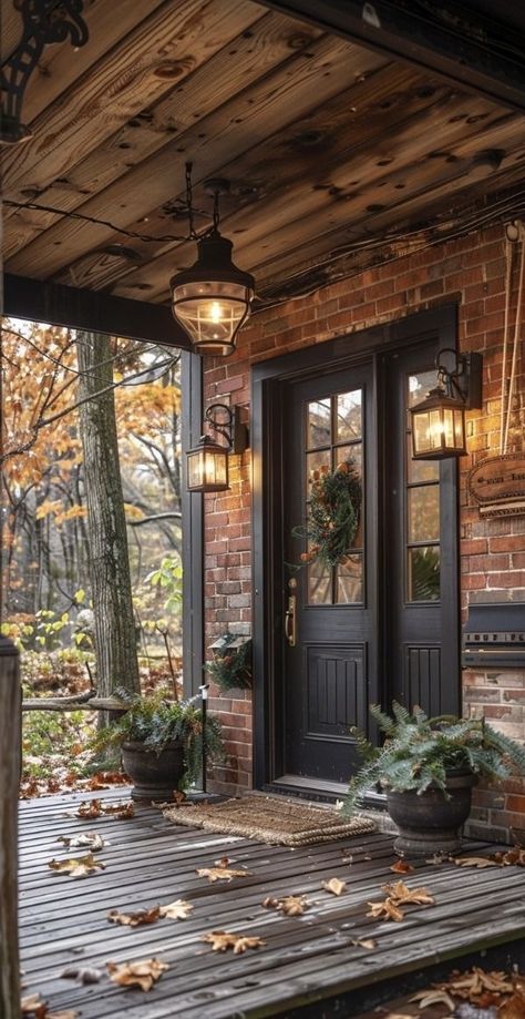 Log Cabin Fall Porch, Front Door Lighting, Front Porch Lighting, Cabin Exterior, Casa Vintage, The Porch, Porch Lighting, Porch Patio, Lighting Ideas