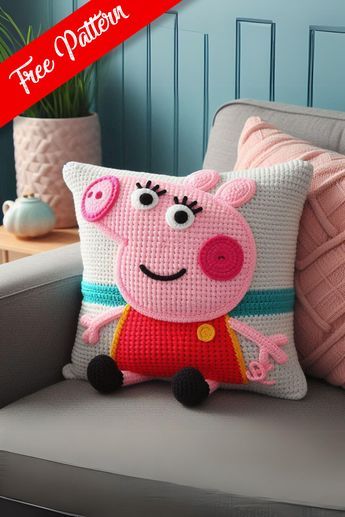 The Peppa Pig crochet pillow is a delightful piece that can brighten up any child's room. Peppa Pig Crochet Pattern Free, Peppa Pig Crochet, Crochet Owl Pillows, Pepper Pig, Pig Crochet, Pig Pillow, Pillow Crafts, Crochet Owl, Crochet Cushions