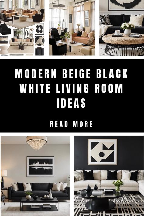 Collage of modern living rooms featuring a beige, black, and white color scheme with abstract art and minimalist decor. Black White Brown Living Room, Black White Living Room Ideas, White And Beige Living Room, Black White Living Room, Black And White Interior Design, Beige Living Room Decor, Kitchen Flooring Trends, White Living Room Ideas, Kitchen Tile Inspiration